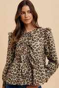 Annie Wear Tied Leopard Round Neck Peplum Blouse for Women