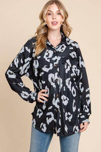 BOMBOM Animal Print Button Up Knit Shacket for Women