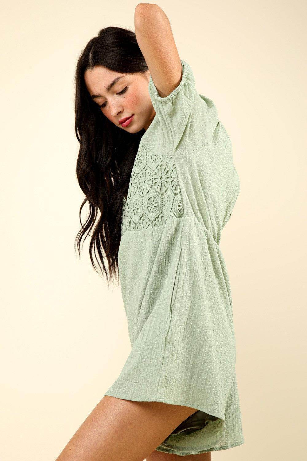 Very J Lace Detail Puff Sleeve Romper with Pockets