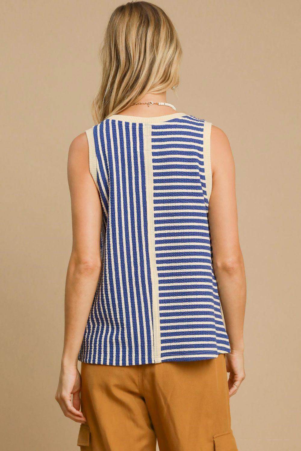 Umgee Round Neck Texture Striped Tank Top for Women