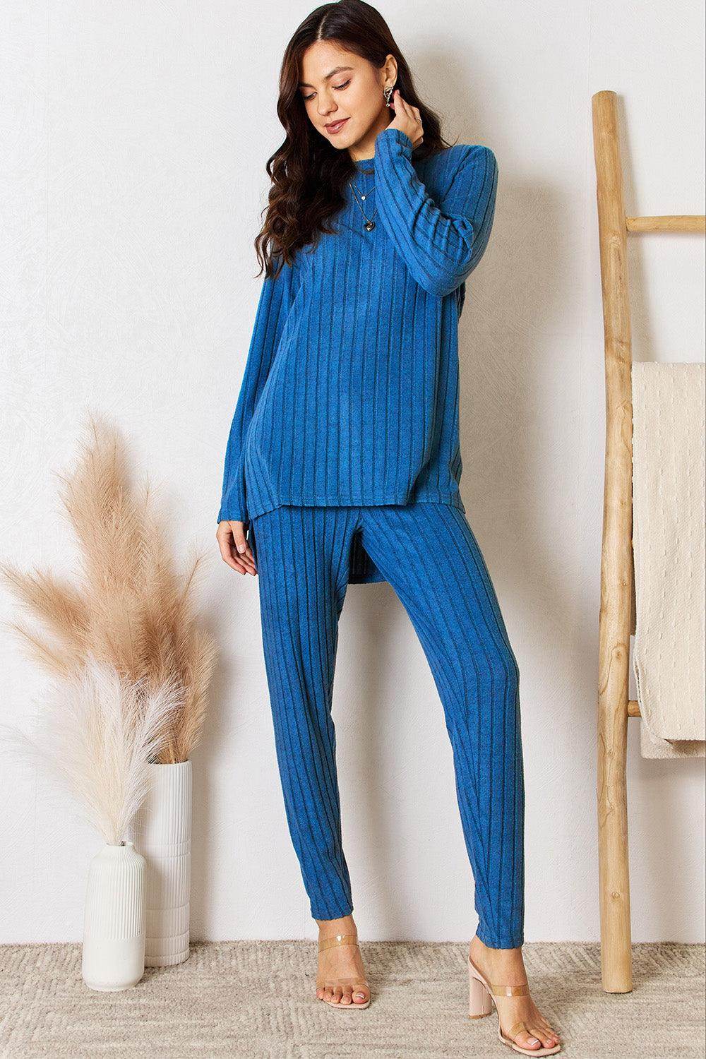 Basic Bae Full Size Ribbed Round Neck High-Low Slit Top Set