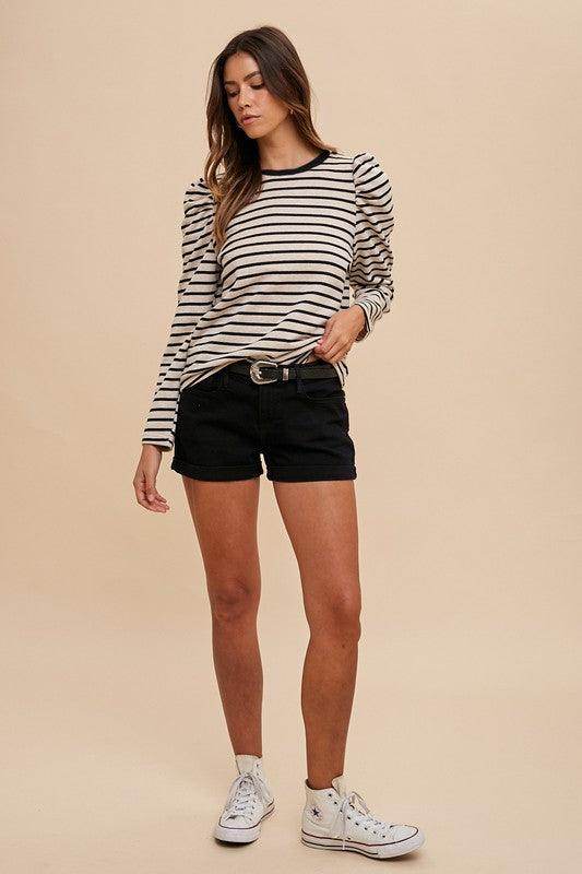 Annie Wear Striped Round Neck Puff Sleeve Top for Women