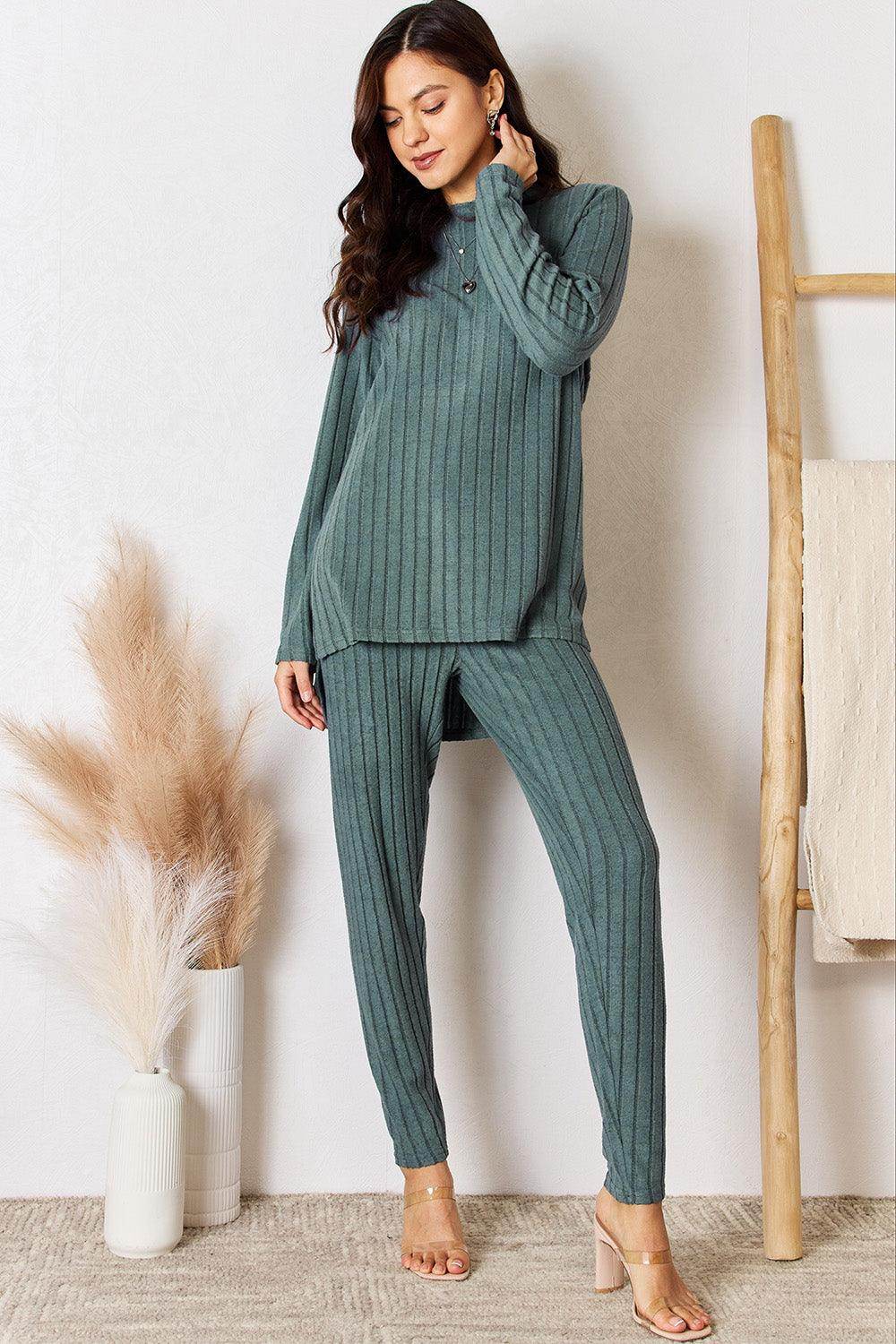Basic Bae Full Size Ribbed Round Neck High-Low Slit Top Set