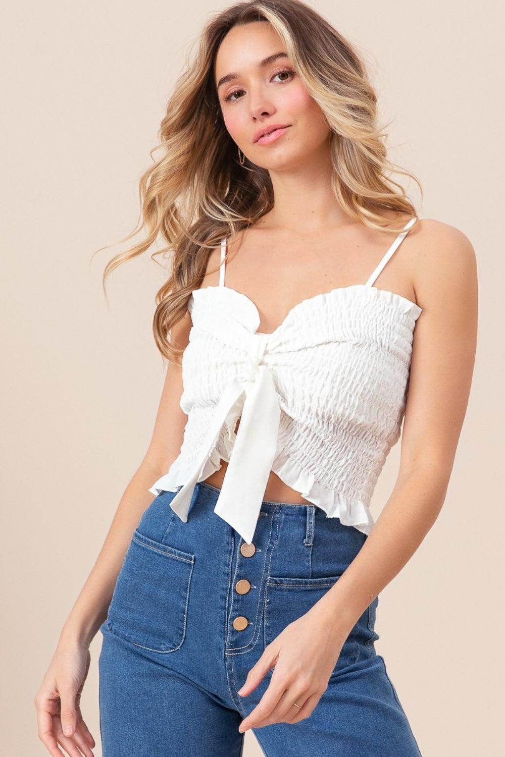 BiBi Ruffled Smocked Ribbon Detail Cami for Women