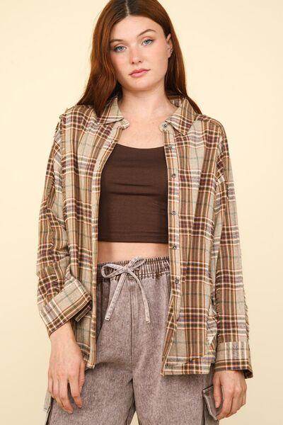 Very J Contrast Plaid Raw Detail Shirt for Casual Chic