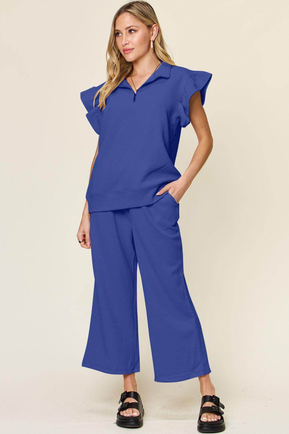 Double Take Texture Ruffle Short Sleeve Top and Pants Set