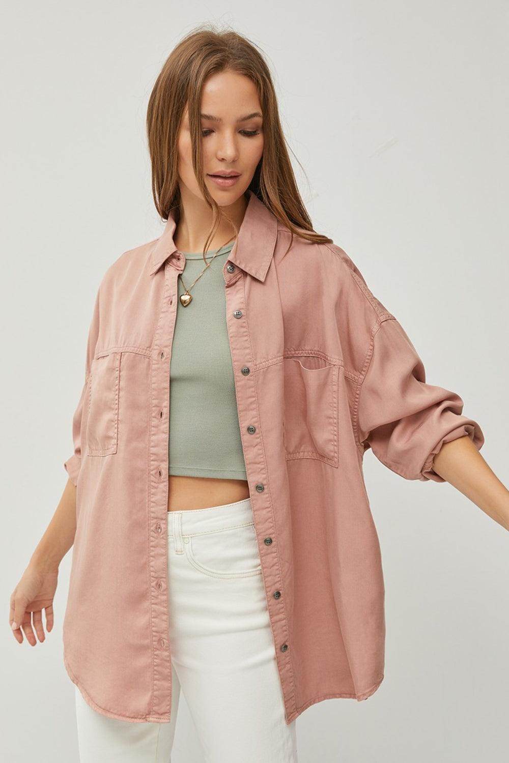 RISEN Full Size Button Up Long Sleeve Denim Shirt for Women