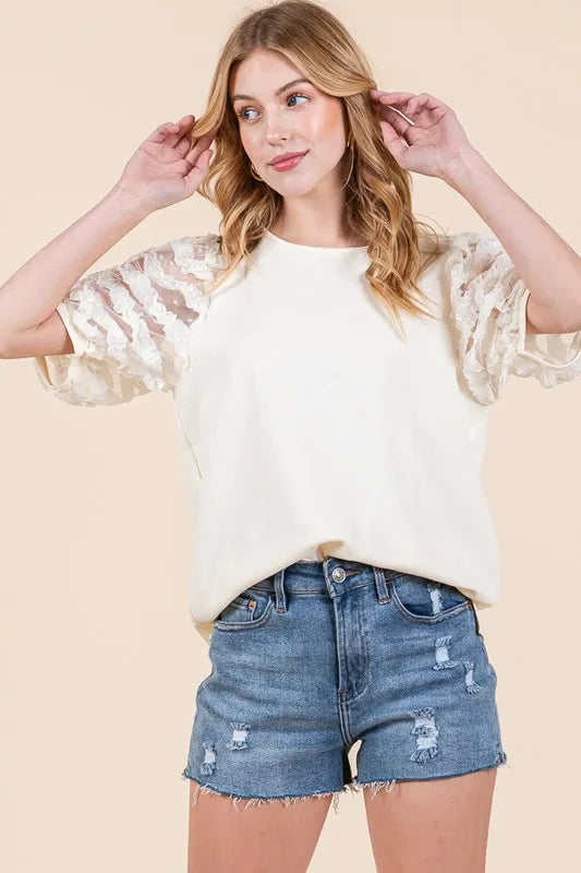 Lime 'N' Chili Full Size Lace Puff Sleeve Round Neck Top Plus Size