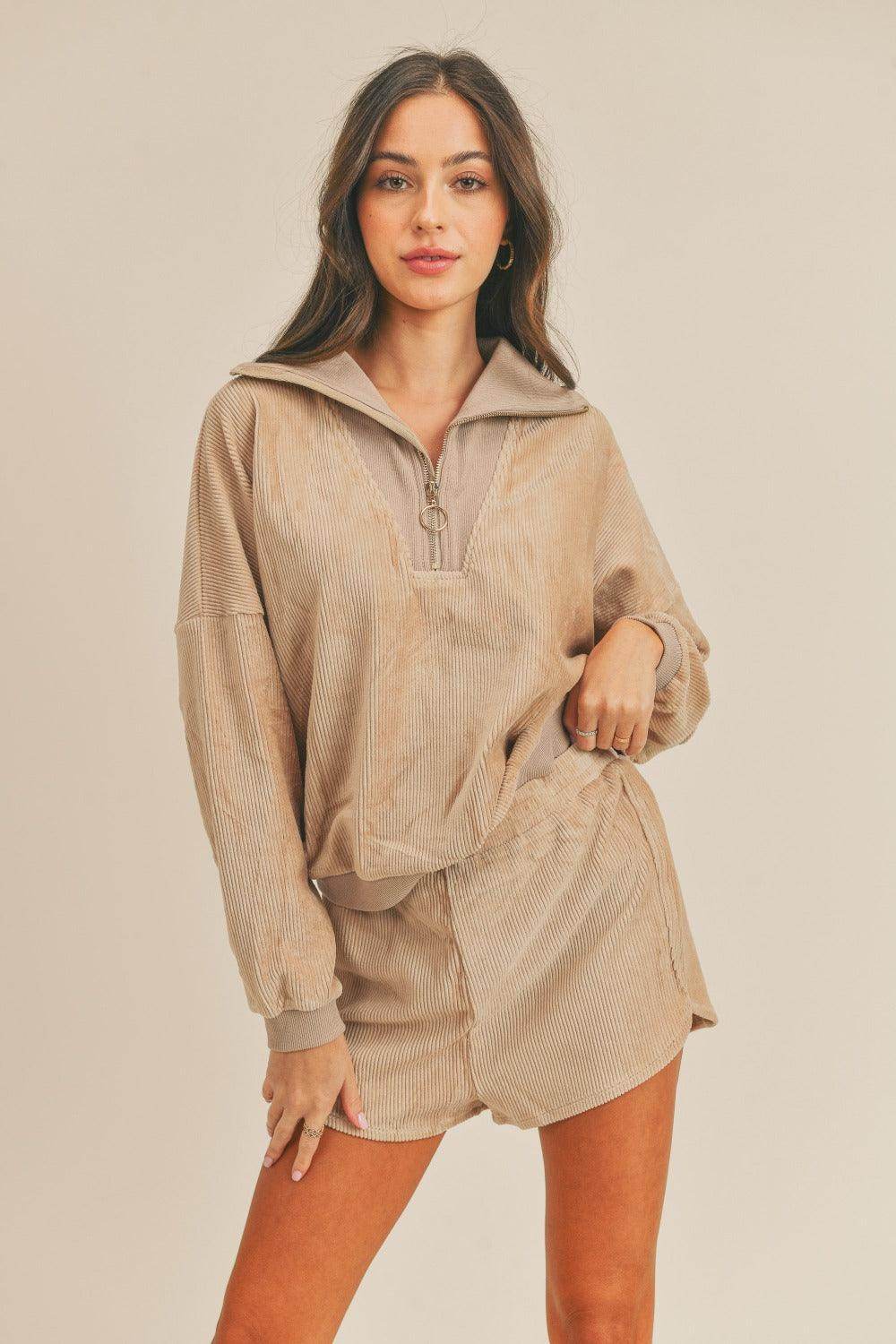 MABLE Corduroy Half Zip Top and Shorts Set for Women