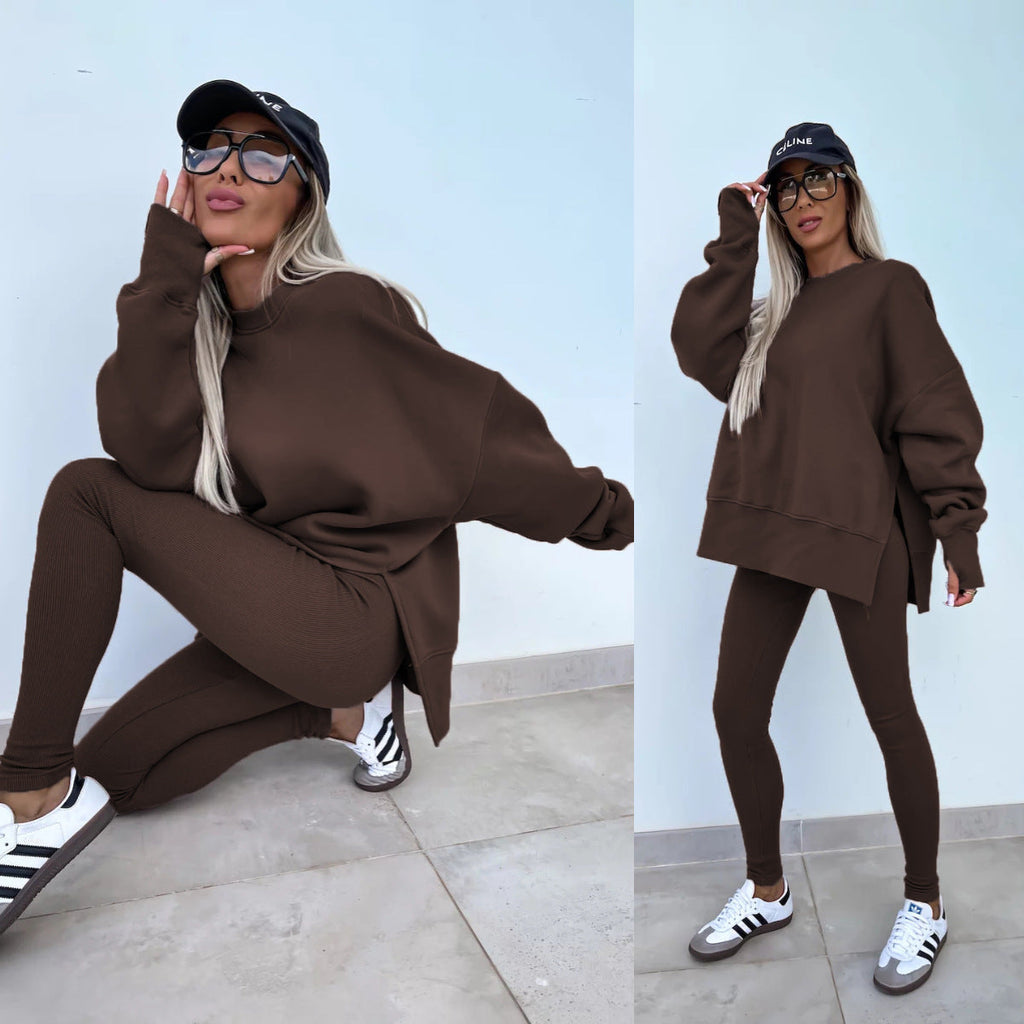 Women’s Casual Sweater Suit – Loose Split Top & Fitted Trousers Set