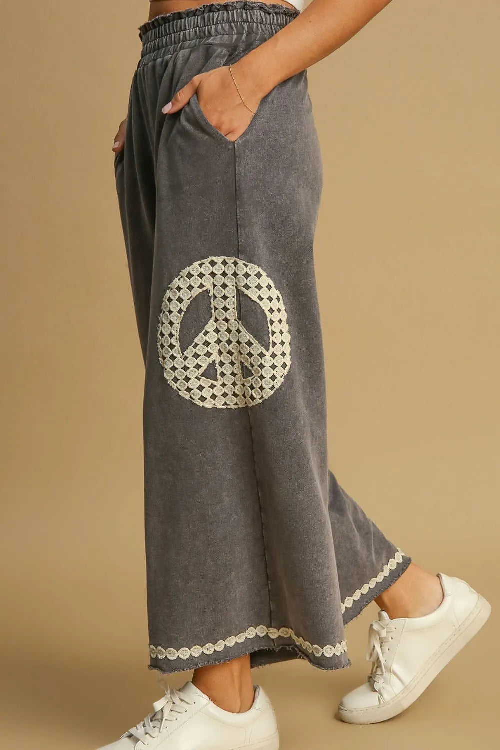Umgee Full Size Peace Lace Applique Mineral Wash Wide Leg Pants Plus Size