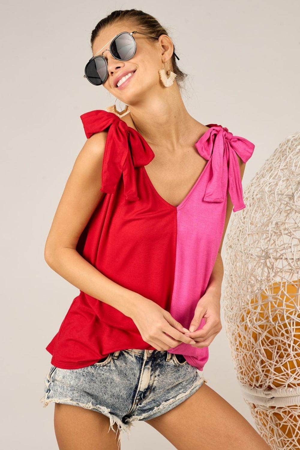 BiBi Shoulder Ribbon Tied Contrast Tank for Stylish Look