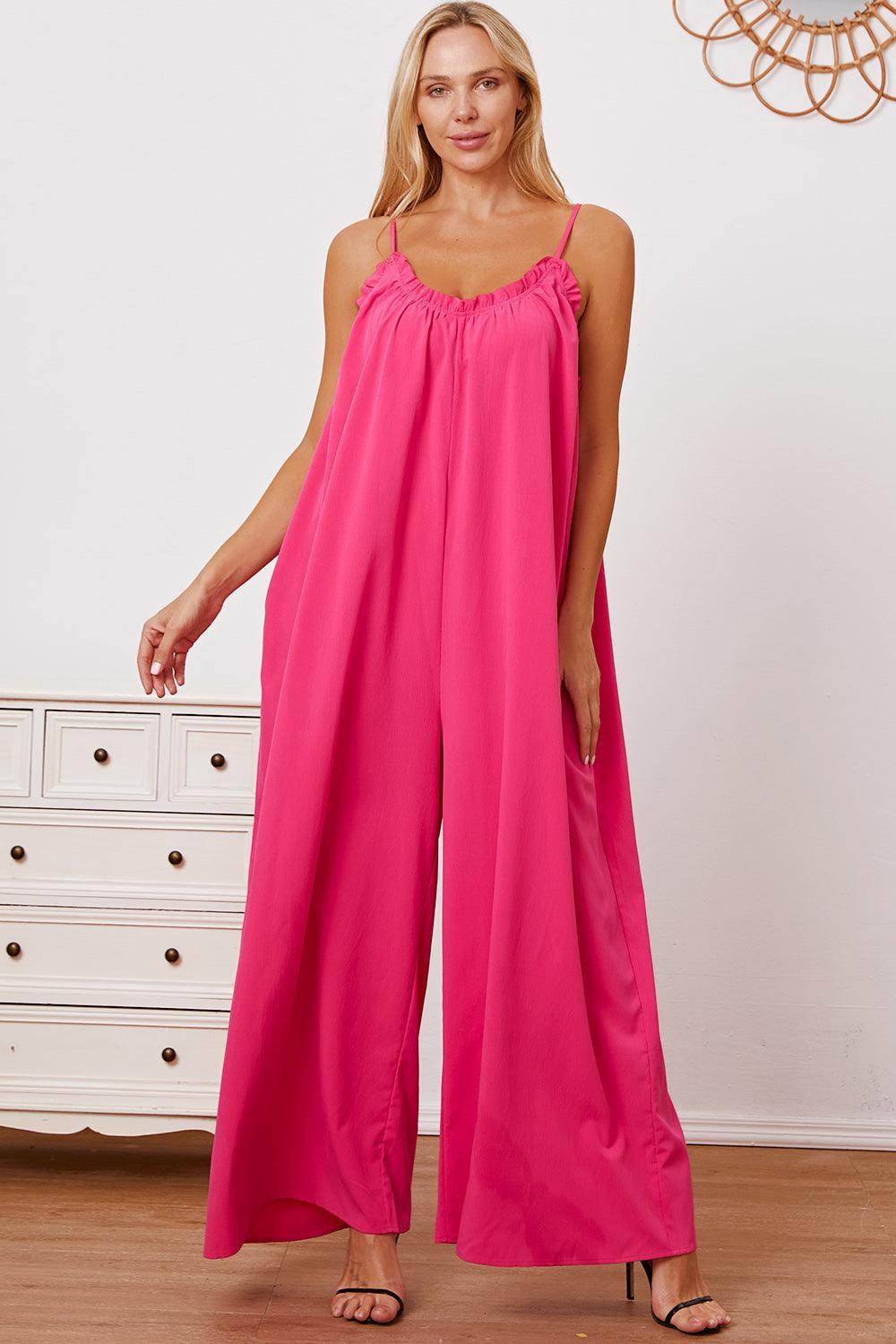 Double Take Full Size Ruffle Trim Tie Back Cami Jumpsuit