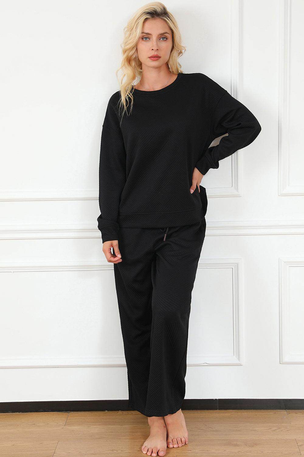 Double Take Full Size Textured Long Sleeve Top and Drawstring Pants Set for Women