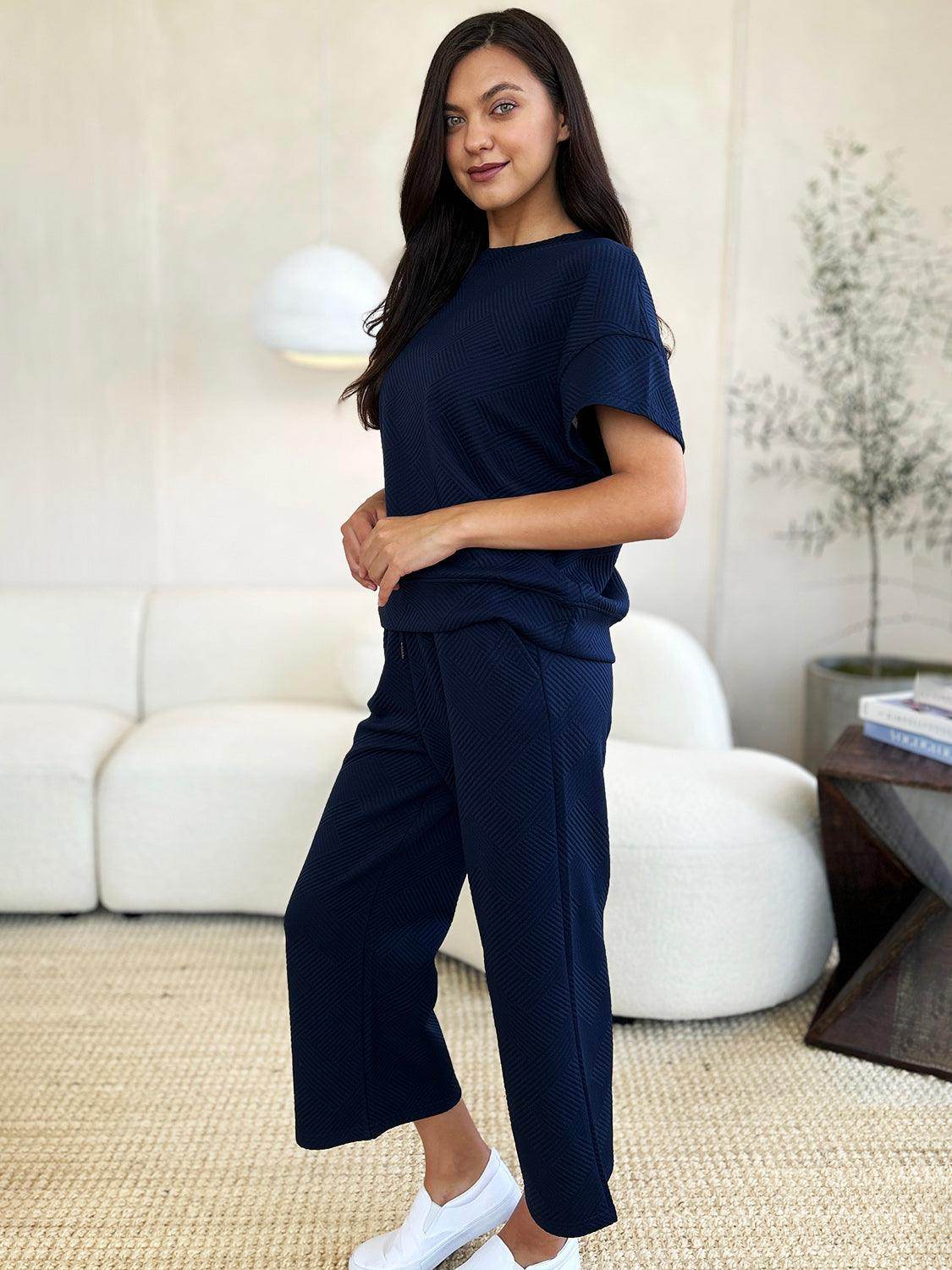 Double Take Full Size Texture Top and Pants Set for Women
