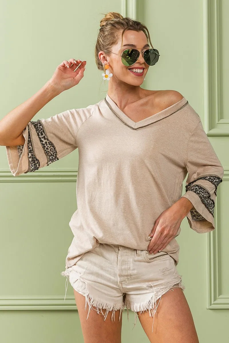 BiBi Triblend Knit Top with Leopard Band Detail