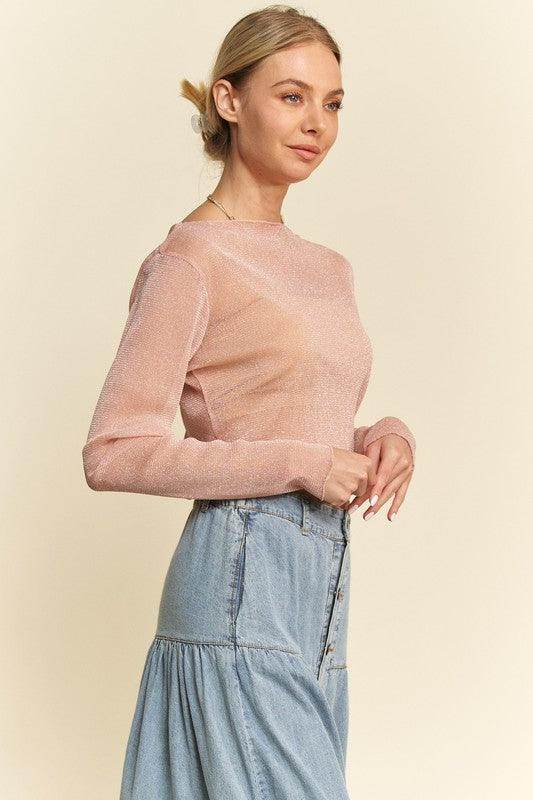 Davi & Dani Glitter Mesh Lettuce Hem Long Sleeve Top Women