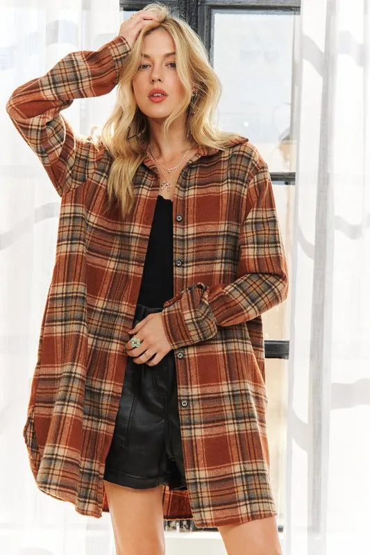 ADORA Full Size Button Down Flannel Shacket Plus Size