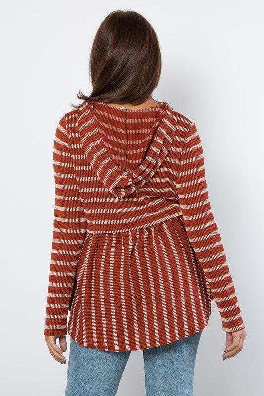 Be Stage Full Size Drawstring Striped Babydoll Hoodie Chic