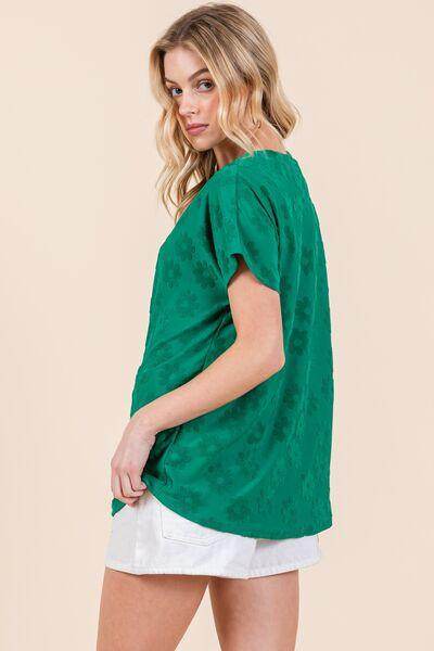 BOMBOM Textured Floral Pattern Short Sleeve T-Shirt for Women