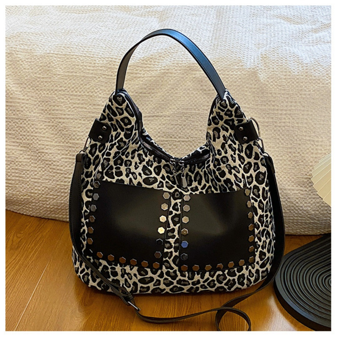 Ladies leopard print large capacity tote bag, vintage hobo bag casual, shoulder bag with crossbody strap, bag shoulder bag women