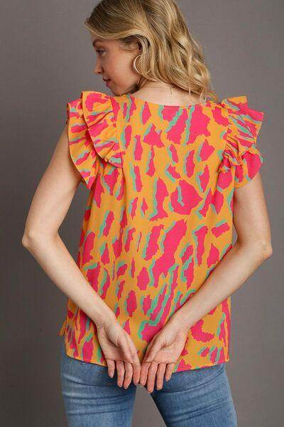 Umgee Full Size Abstract Print V-Neck Ruffle Sleeve Blouse
