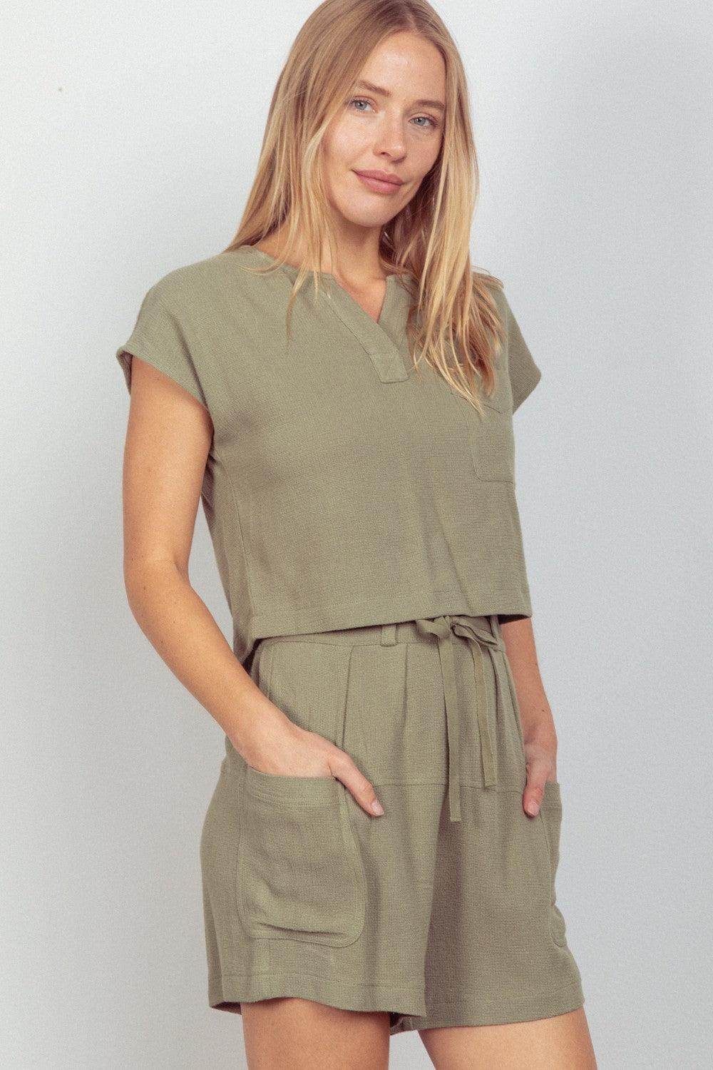 Very J Woven Cropped Top and Waist Tie Shorts Set