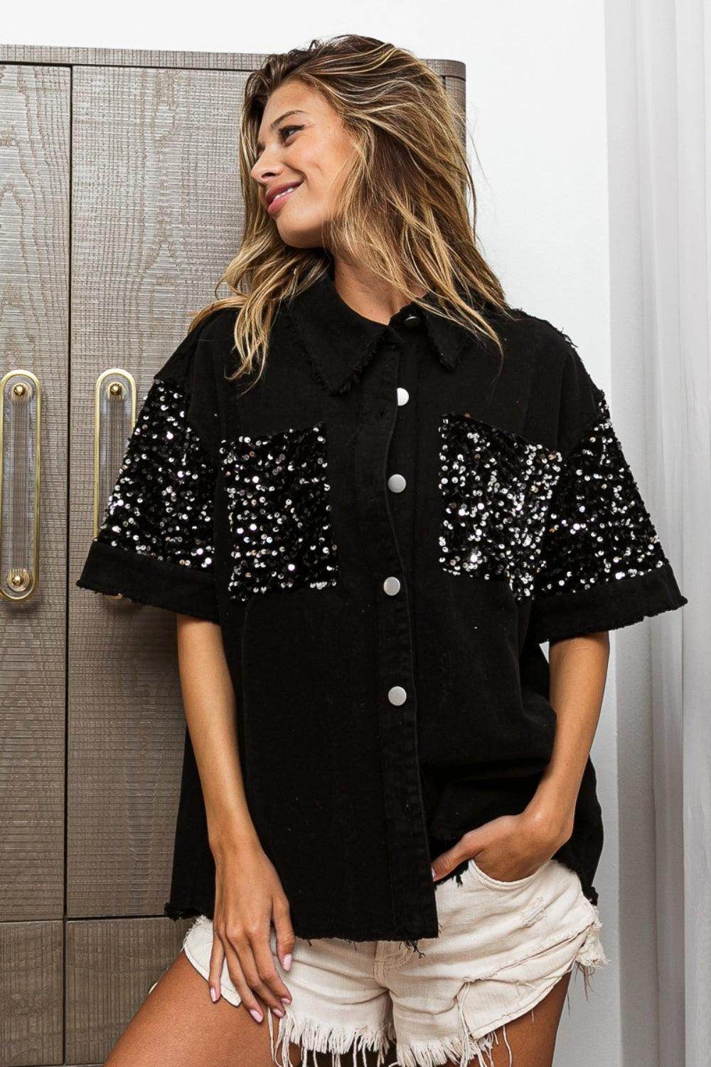 BiBi Sequin Detail Raw Hem Short Sleeve Shirt for Women