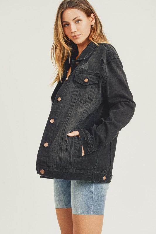 RISEN Full Size Distressed Long Sleeve Denim Jacket for Women