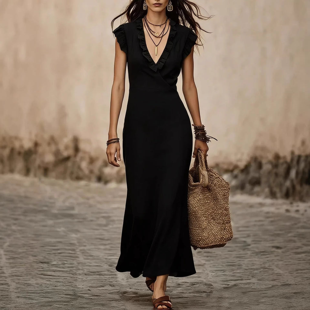 Women's V-Neck Flutter-Sleeve Ruffle-Trim Midi Dress