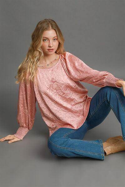 Umgee Wrinkled Round Neck Lantern Sleeve Blouse for Women