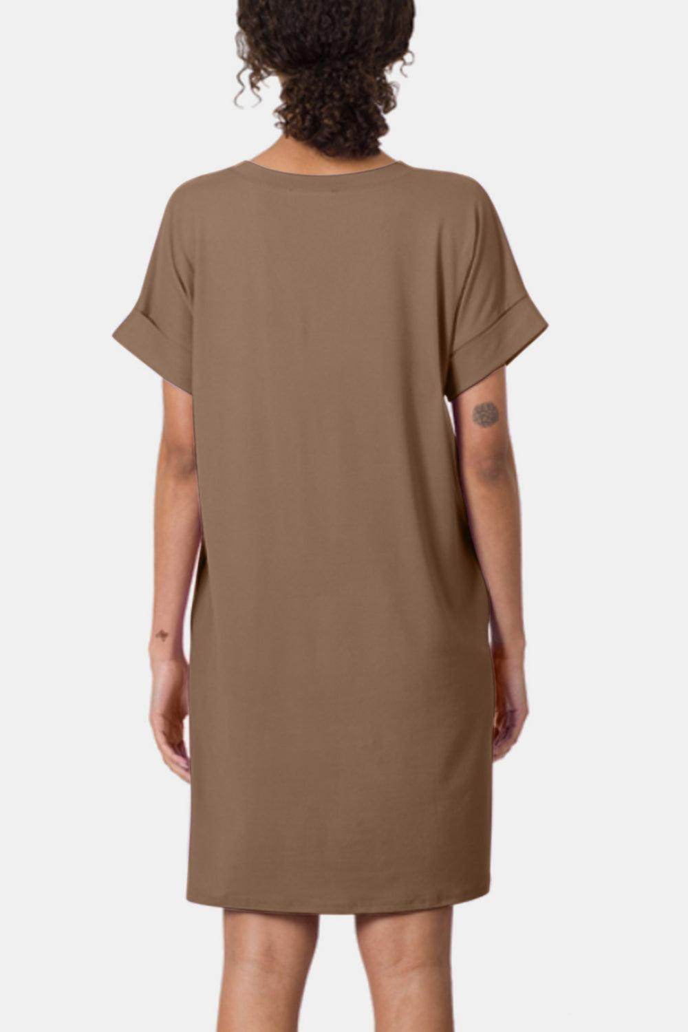 Zenana Rolled Short Sleeve V-Neck Dress for Casual Style
