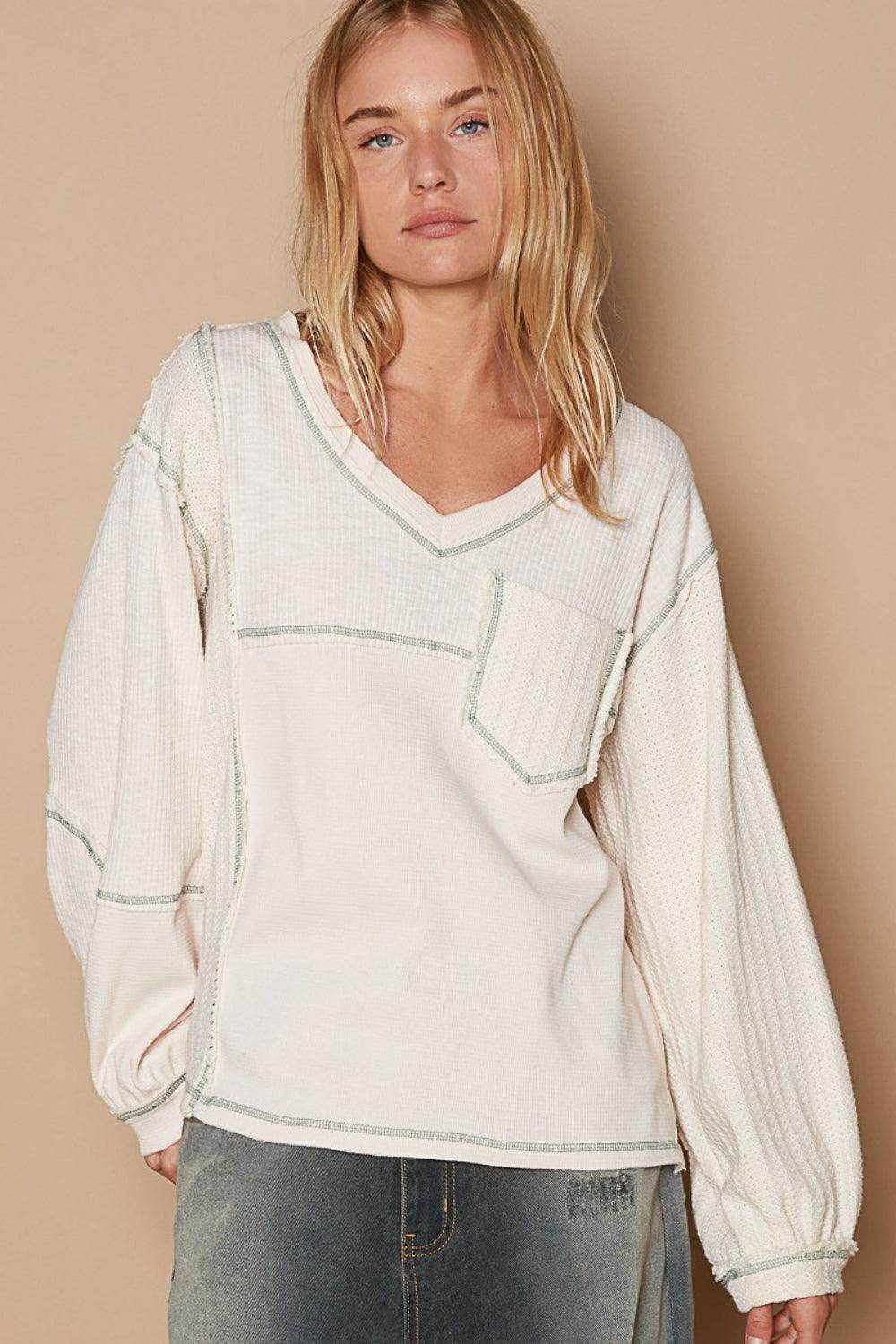 POL V-Neck Knit Panel Exposed Seam Top for Stylish Wear