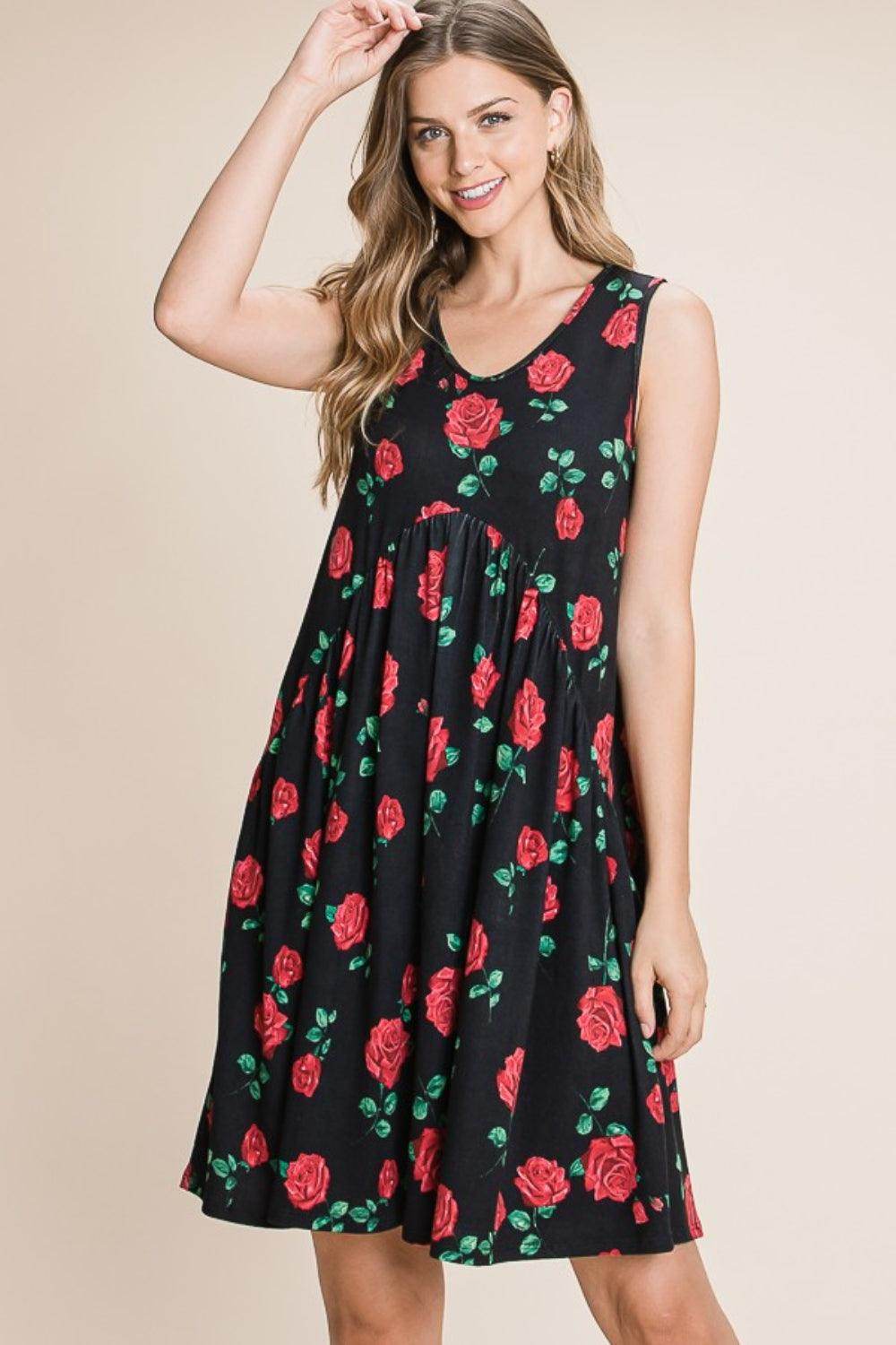 BOMBOM Floral Ruched Tank Dress for Summer Style