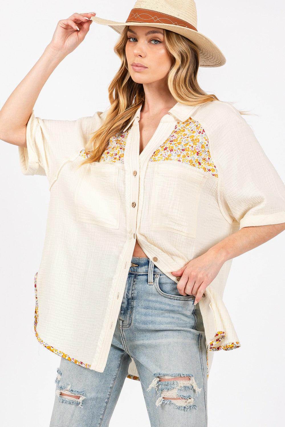 SAGE + FIG Full Size Floral Detail Button Up Shirt