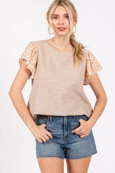 Ces Femme Round Neck Floral Short Sleeve Top for Women