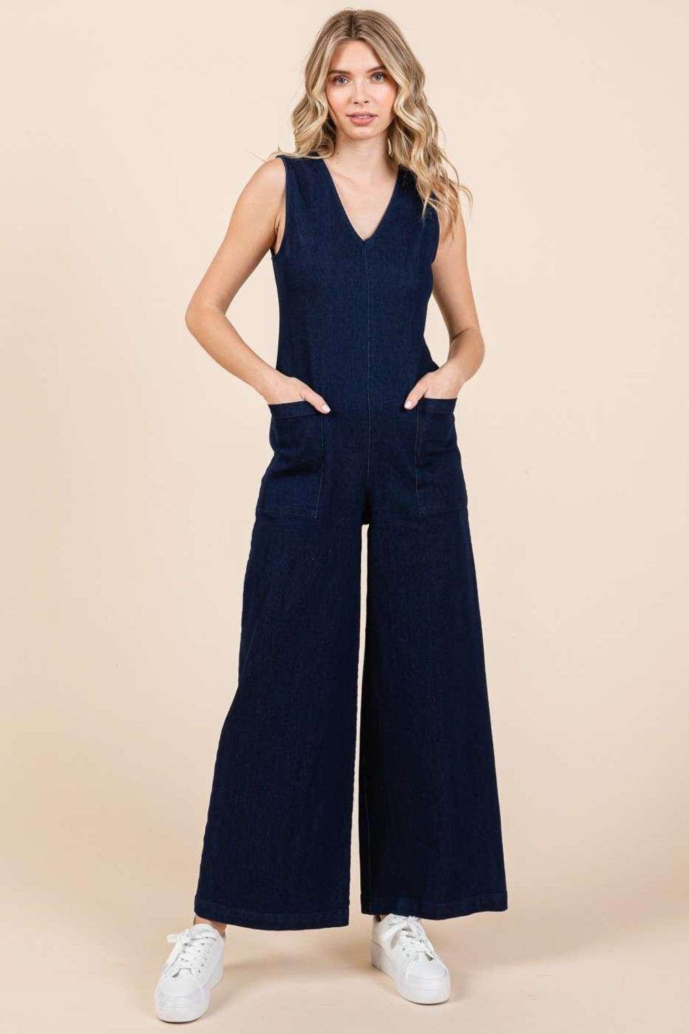 Mittoshop Sleeveless Wide Leg Denim Jumpsuit for Women