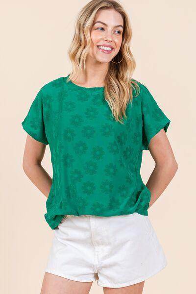 BOMBOM Textured Floral Pattern Short Sleeve T-Shirt for Women