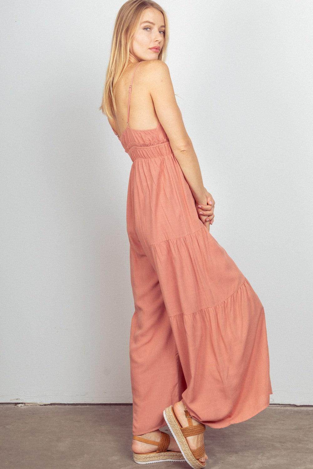 Very J Sleeveless Ruched Wide Leg Jumpsuit for Women