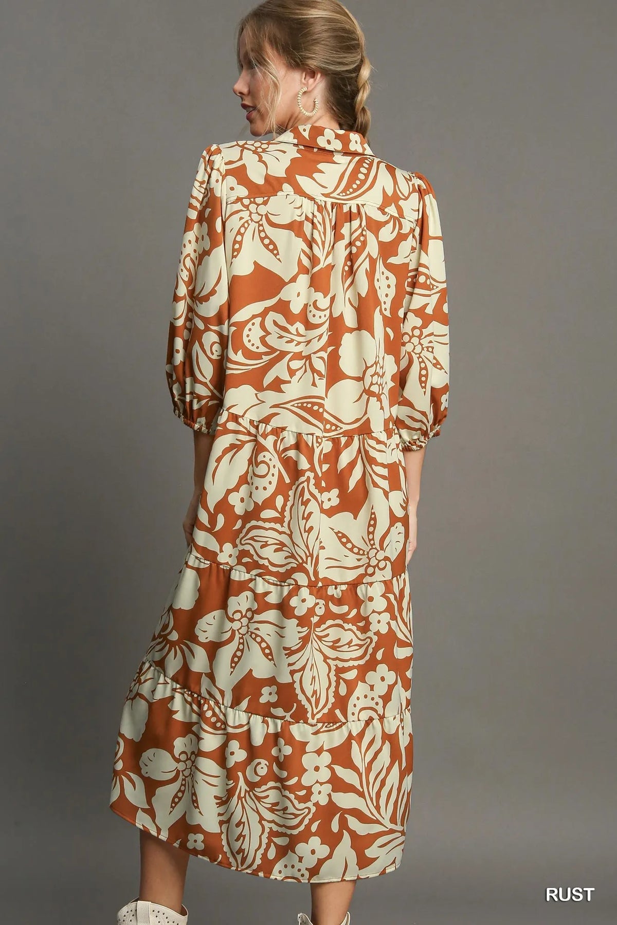 Full Size Floral Tiered Midi Shirt Dress Plus Size