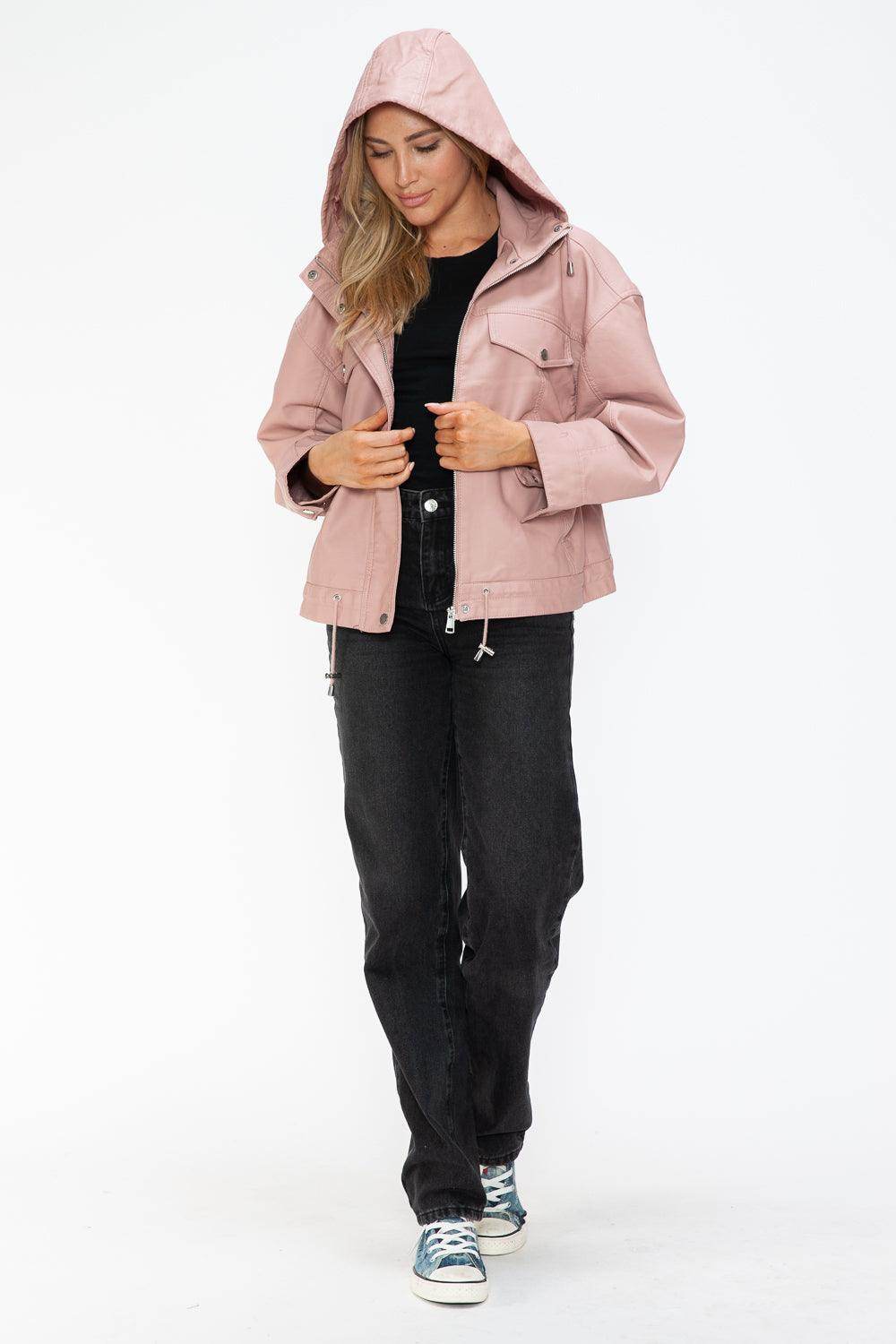 How Dare U Drawstring Hem PU Leather Zip Up Jacket for Women