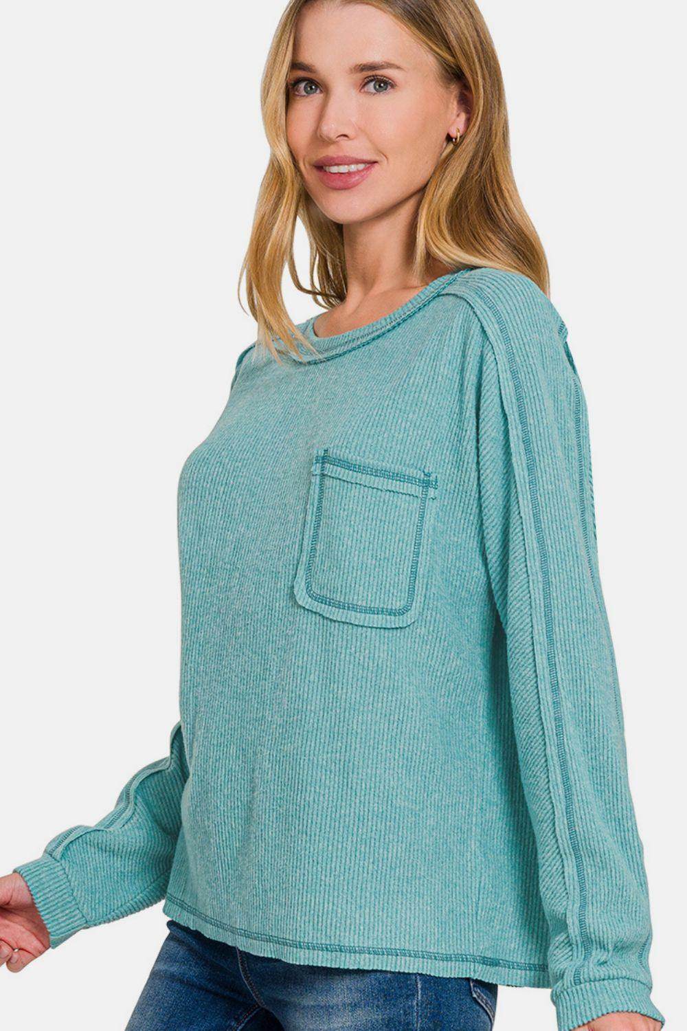 Zenana Full Size Contrast Stitching Brushed Ribbed Hacci Knit Top Plus Size