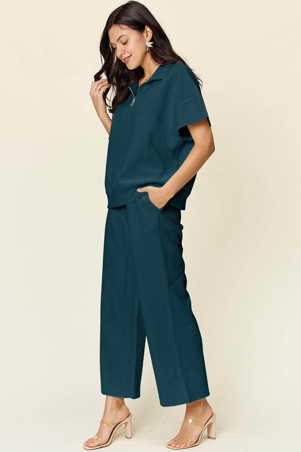 Double Take Full Size Texture Half Zip Short Sleeve Top Set