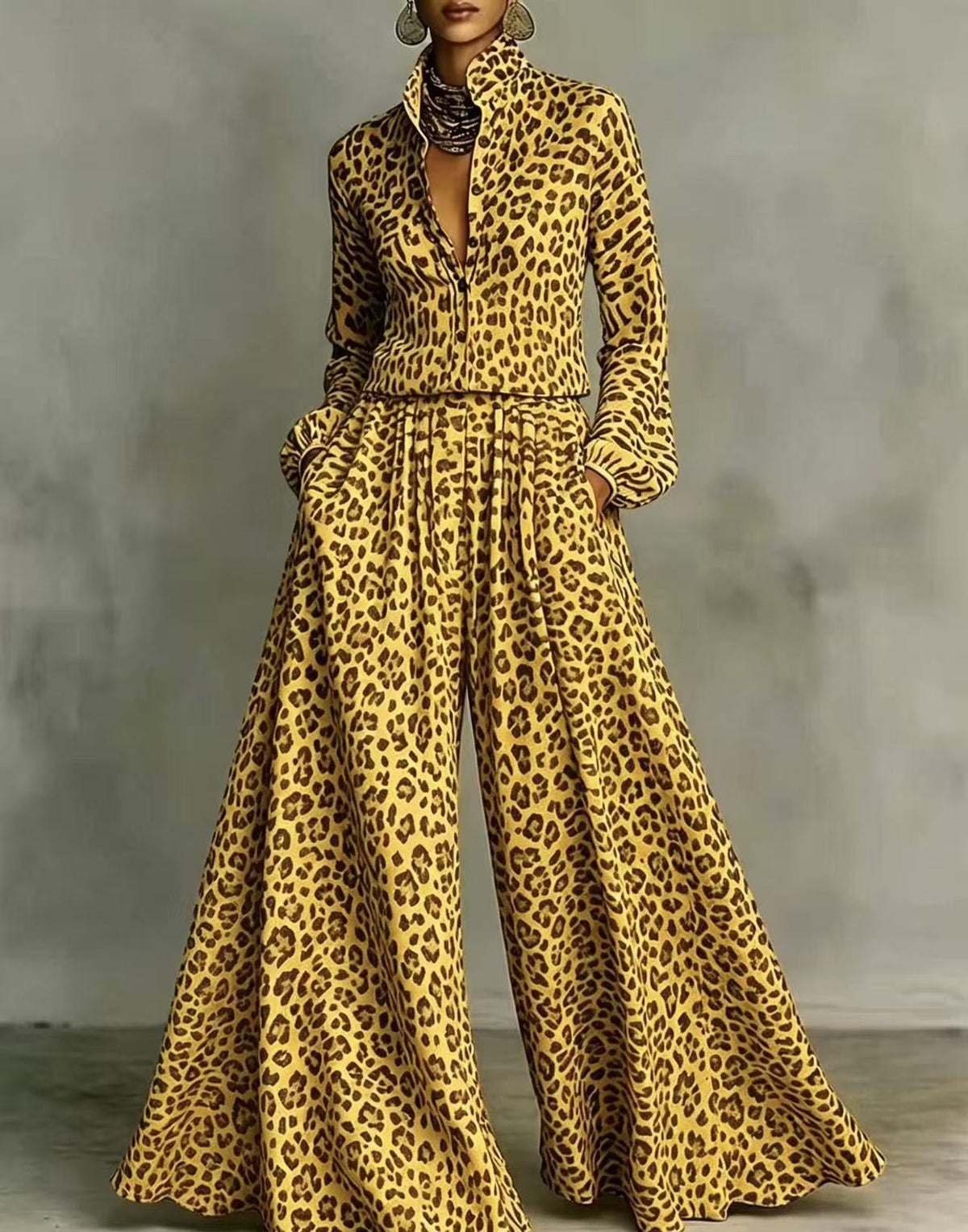 Leopard Print Wide-Leg Pants Set – Women’s Casual Two-Piece