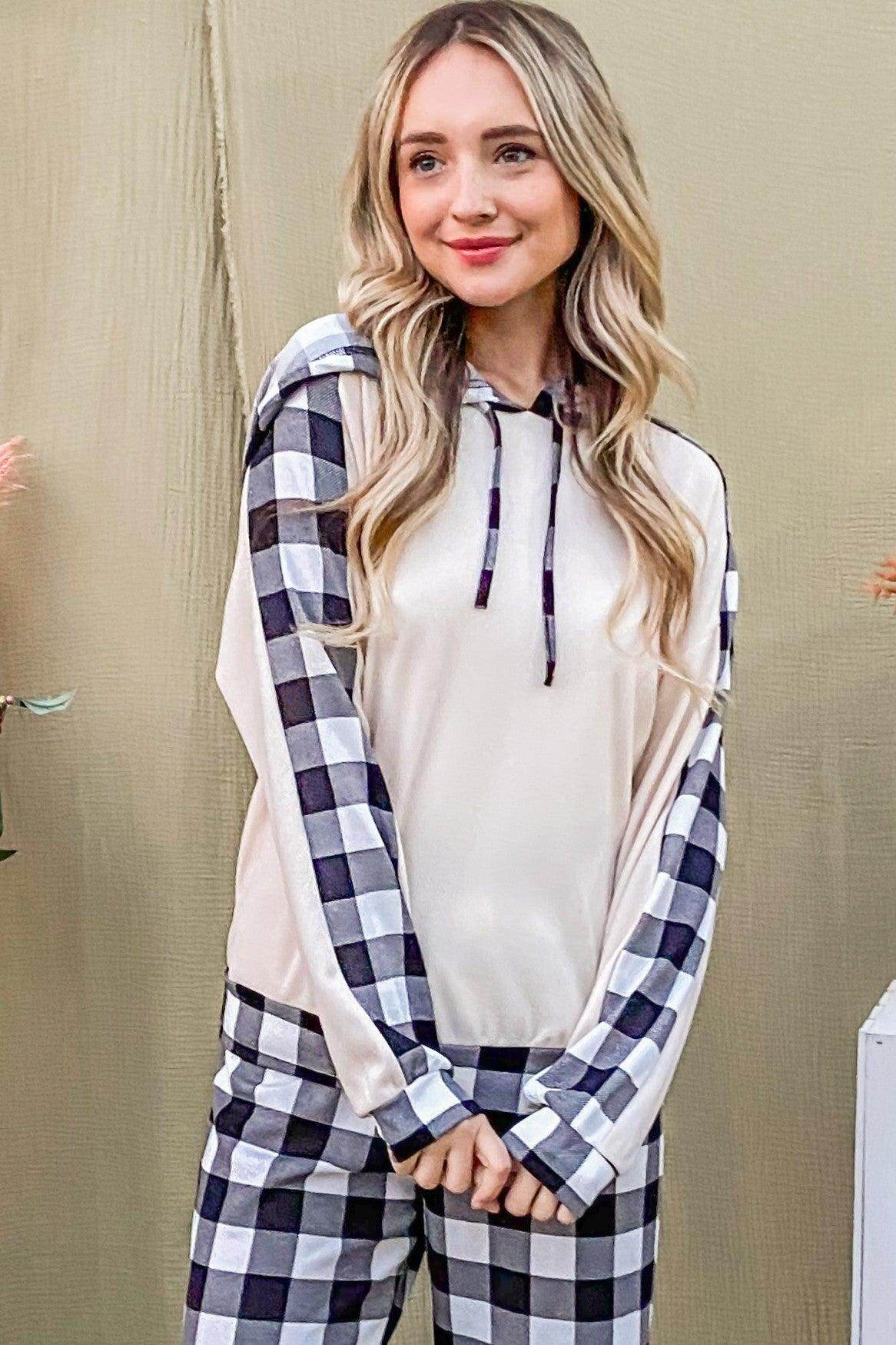 And The Why Drawstring Hooded Top and Plaid Pants Set