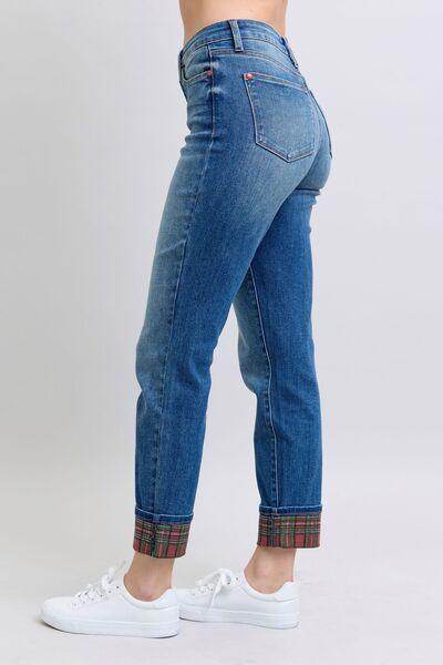 Judy Blue Full Size Plaid Print Cuff Straight Leg Jeans