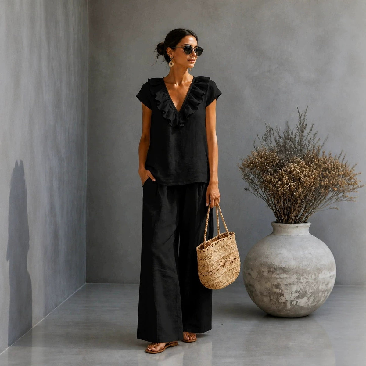 Women's V-Neck Ruffled Hem Top & Wide-Leg Pants Two-Piece Set