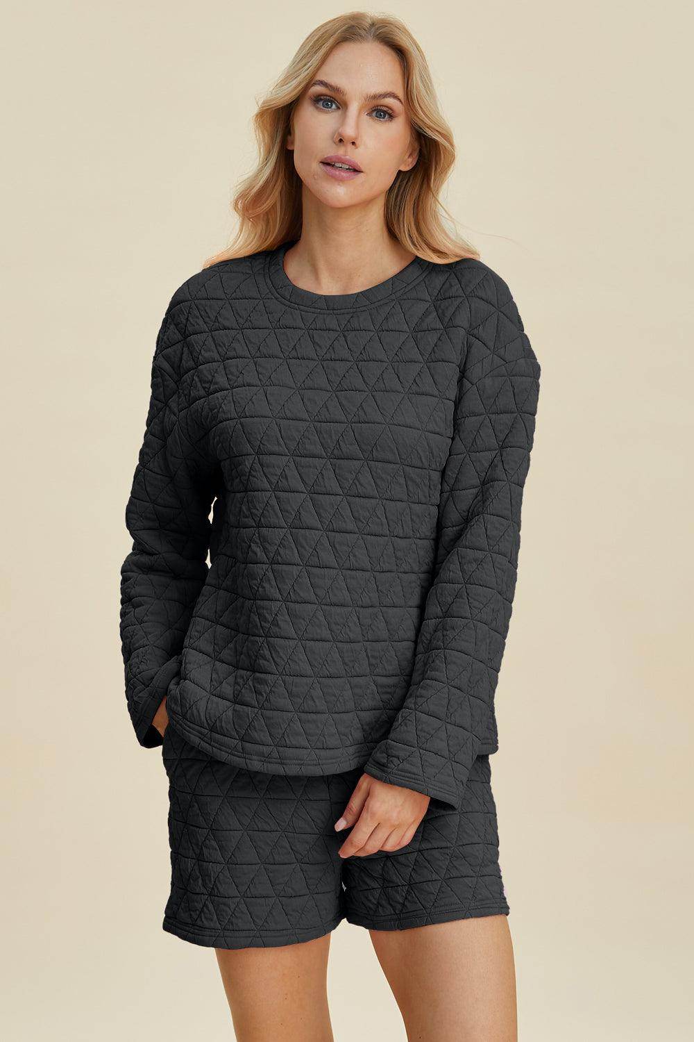 Double Take Full Size Texture Round Neck Long Sleeve Top and Shorts Set for Women