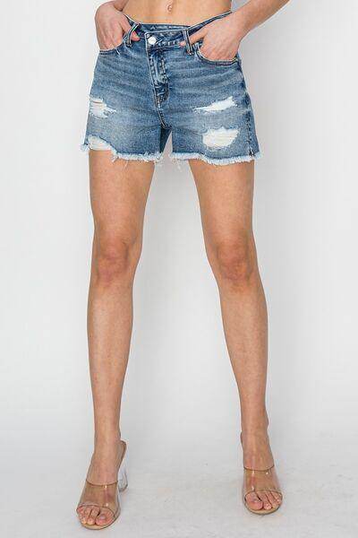 RISEN Stepped Waist Frayed Denim Shorts for Women