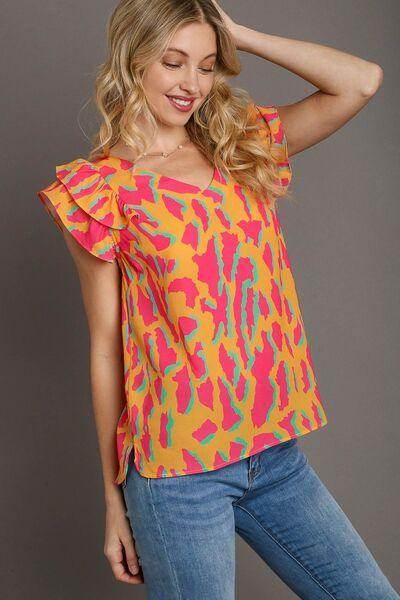 Umgee Full Size Abstract Print V-Neck Ruffle Sleeve Blouse